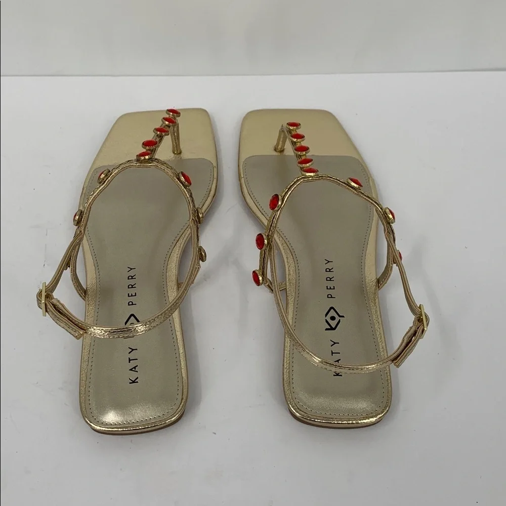 Katy Perry Camie Gemstone sandal shoe gold metallic red t-strap flat ruby new 10